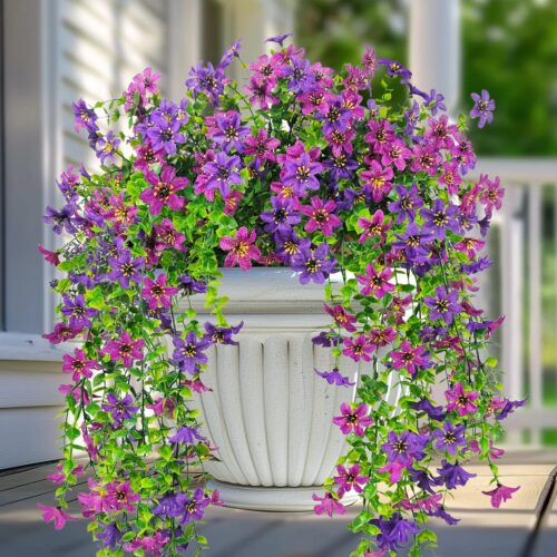 Artificial Hanging Flowers for Outdoors, 2 Pcs Fake Silk Daisy Flowers UV Resistant Outdoor Faux Plants for Hanging Basket Planter Porch Patio Yard Balcony Decor (Double Purple)
