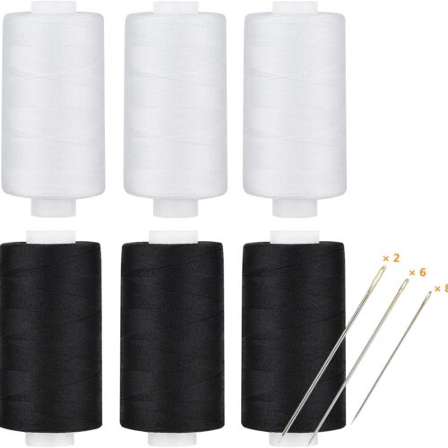 All Purpose Thread Polyester 3 White 3 Black, 400 Yards Each with 16 Needles for Hand Sewing, and Thread for Quilting Piecing Sewing Machines