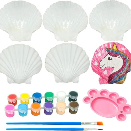 Seashells Painting Kit for Kids 16pcs, Arts and Crafts Kits for Girls Boys Age 6 7 8 9 10 11 12, Natural Sea Shells DIY Painting with Watercolor Paints and Brush 2.7-3.5 Inches