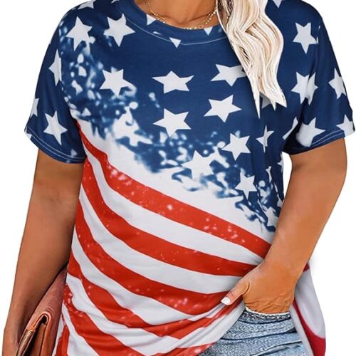 Plus Size American Flag Shirt Women 4th of July Tee Shirt USA Stars Stripes T-Shirt Patriotic Summer Tunic Tops
