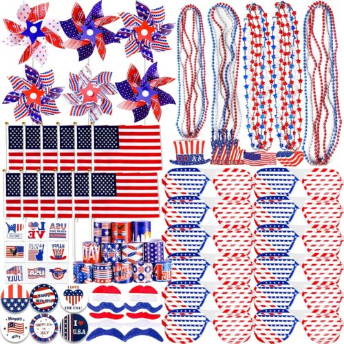 156 PCS 4th of July Accessories Patriotic Party Favors American Flags Glasses Slap Bracelets Pinwheels Tattoo Stickers Brooches Beards Necklaces for Independence Day Memorial Day