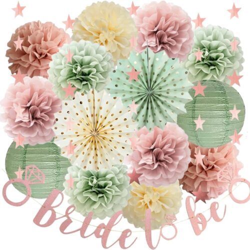Bridal Shower Decorations Sage Green and Dusty Pink Bachelorette Party Decorations Bride to Be Banner Pink and Sage Green Party Decorations Wedding Shower Party Decor with Paper Pom Poms Lanterns