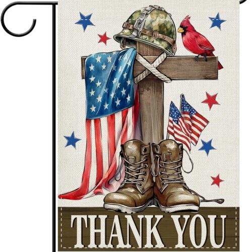 Memorial Day 4th of July Cross Christian Decorative Garden Flag, Patriotic America Military Soldier Boots Yard Outside Home Decoration, American USA Outdoor Small Decor Double Sided 12 x 18