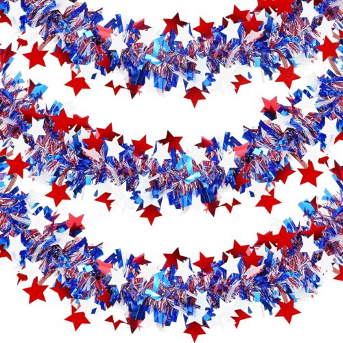 51.2 Ft Patriotic Tinsel Garland 4th of July Decorations Metallic Star Red White Blue Garland for Independence Day Memorial Day Tree Banister Fireplace Home Party Indoor Outdoor Decoration