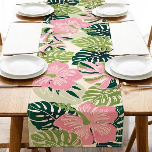 Boho Palm Leaves Spring Summer Table Runner, Tropical Monstera Hibiscus Flower Floral Bohemian Kitchen Dining Table Decoration, Botanical Indoor Outdoor Home Decor Party Supply 13 x 72 Inch