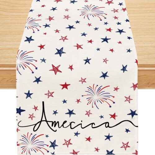 4th of July Table Runner, Stars Firework Patriotic Decorations Memorial Day Decor for Home Party Table Decorations 13x120 Inch