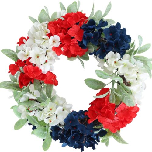 4th of July Wreath,18 Inches Patriotic Wreath for Front Door, Red White Blue Hydrangea Flower Wreaths for American Independence Day Memorial Day Flag Day Indoor Outdoor Decor