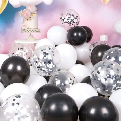 Metallic Shiny Black and White Balloons 12 Inch 68PCS White Black Confetti Balloons Latex Helium Balloon Set for Graduation Anniversary Birthday Party Decorations