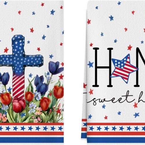 Sweet Home Watercolor Colorful Tulips Flowers America Stars Patriotic 4th of July Memorial Day Independence Day Kitchen Towels Dish Towels 18x26 Inch Set of 2 Home Decorations Hand Towels