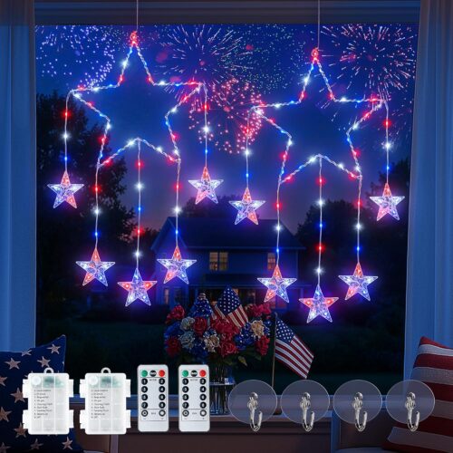 2 Pack 4th of July Window Lights,12IN 73LED Red White and Blue Star Lights with Timer Memory,Patriotic Star Twinkle Light 8 Modes for Wall,Independence Day,Memorial,Fourth of July Decor