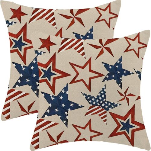 4th of July Pillow Covers 18 x 18 Set of 2 Memorial Day Independence Day Red Blue Star Decorations Throw Pillow Covers American Flag USA Patriotic Cushion Cases for Sofa Couch Bed Outdoor Decor