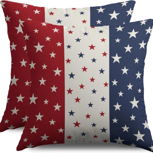 4th of July Patriotic Blue Red Pillow Covers 18X18 Set of 2, Fourth July Independence Star Print Decorative Throw Pillowcases Outdoor Farmhouse Memorial Day Cushion Cases Couch Sofa Bed Decor