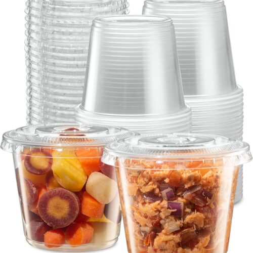 (5 oz - 100 Sets) Clear Diposable Plastic Portion Cups With Lids, Small Mini Containers For Portion Controll, Meal Prep, Sauce Cups, Slime, Medicine, Dressings, Crafts, Disposable Souffle Cups