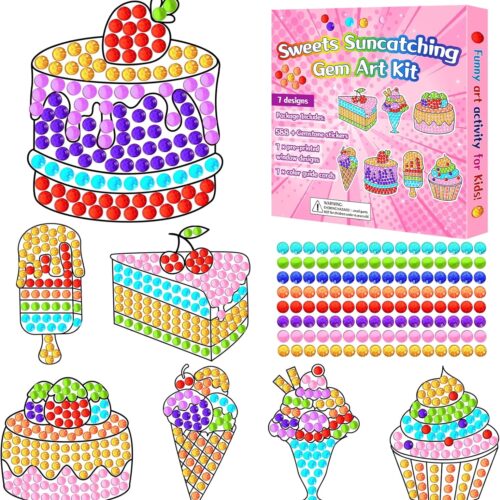 7pcs Summer Crafts Sweets Arts Crafts DIY Gem Diamond Suncatcher Crafts for Kids Cake Ice Cream Diamond Painting Gift for Kids Girls Boys Aged 6 8 10 for Birthday Party Home School Decor