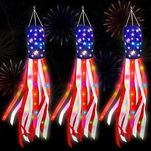 3 Pack 70 Inch Large American Flag Windsock with Lights 4th of July Decorations, Patriotic Fourth of July Outdoor Decor, Red White Blue Star Stripes Hanging Decorations Memorial Day Independence Day