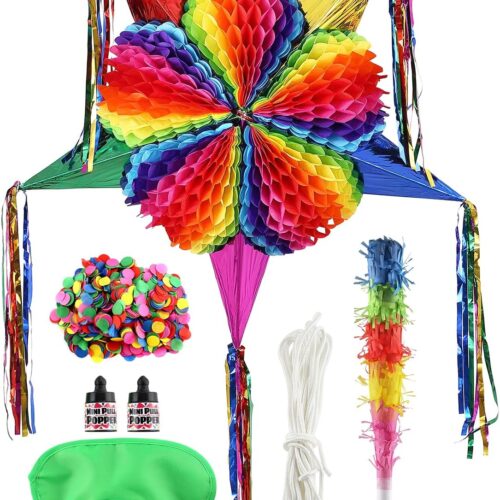Large Star Piñata Set (32 inches) Authentic Handmade Colorful Foldable Piñata Suitable for Birthday Party Fiesta Anniversary and Cinco De Mayo Festive Mexican Rainbow Piñata Decoration for Kids Girls
