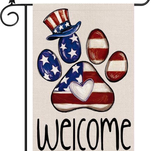 4th of July Paw Print Garden Flag Double Sided, Independence Day Patriotic Welcome Small Burlap Garden Flag for Outside Holiday Farmhouse Yard Decoration 12x18 Inch