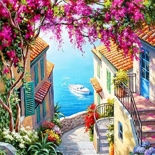 5D Diamond Art Kits for Adults Beginners,Seaside Town DIY Painting with Round Full Drill Diamonds Painting Mosaic Gems Art for Home Office Wall Decor 12x16 Inch