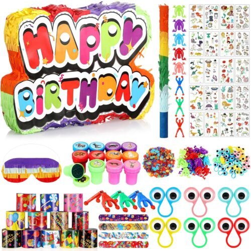 120 Pcs Birthday Piñata Colorful Birthday Party Supplies with Blindfold Stick and Confetti Small Piñata for Anniversary Cinco De Mayo Fiesta Party Decor