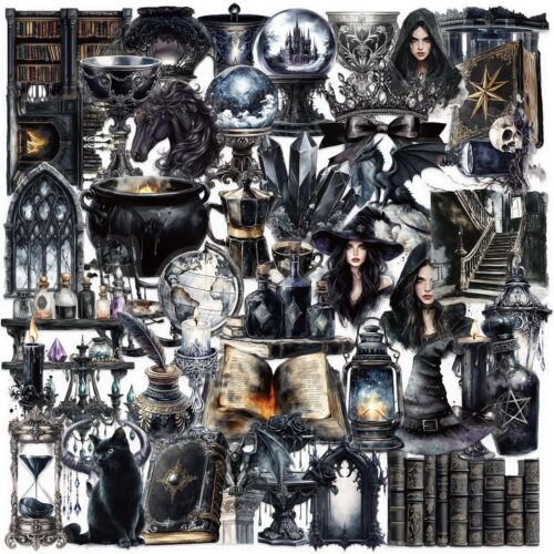 50 PCS Gothic Witchcraft Clear Scrapbook Stickers – Dark Aesthetic Witchy Ephemera Decals for Journaling, Spell Books, Bullet Journals, Grimoire, Gothic Decor, Witch Vintage Collage Supplies