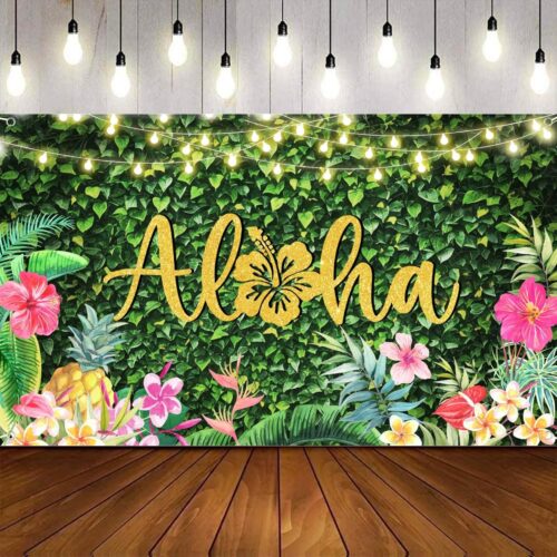 Aloha Summer Backdrop, Hawaiian Tropical Luau Party Decorations for Wedding Birthday Beach Tequila Sunrise Bachelorette Flamingo Pool Party Banner with Palm Pineapple Hibiscus Orchid Anthurium Floral