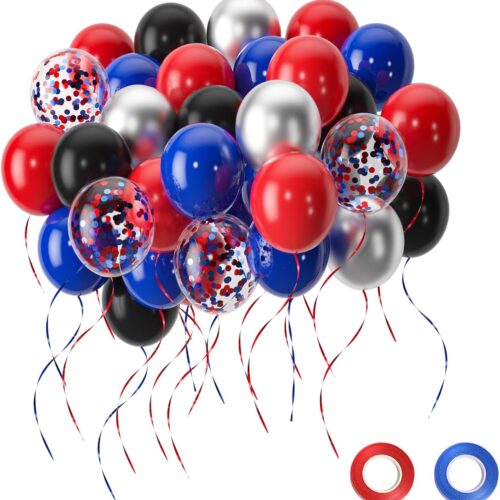 Red and Blue Balloons,50pcs 12 Inch Black Red Blue Confetti Silver Latex Balloons for Man Boys Kids Baby Shower Birthday Graduation Party Decorations