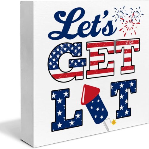 4th of July Decor Patriotic Wooden Box Sign Let's Get Lit Square Wood Sign Desk Decoration Wood Block Plaque Box Sign for Shelf Home 5 x 5 Inches