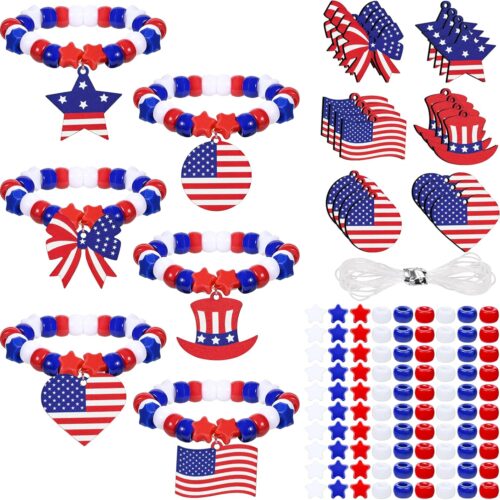 1024Pcs 4th of July Crafts Independence Day Craft Kit Patriotic Beads and American Flag Charms for Jewelry Making Red White Blue Pony Beads Star Beads and Wooden Pendant for DIY Bracelet Making Supply