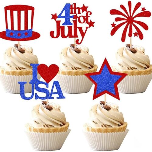 4th Of July Gillter Cupcake Toppers Decorations Patriotic Independence Day Party Supplies Cake Dessert Ice Cream Toppers Accessories Food/Appetizer Picks 20 Pieces Red Blue Hats Stars
