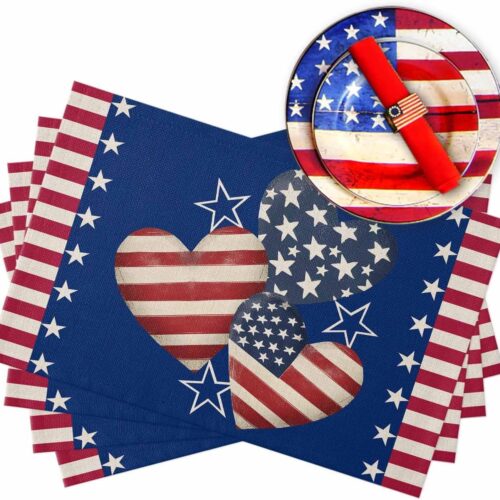 4th of July Placemats Set of 6 Patriotic Love Place Mats Independence Day Placemat Heart Red Blue Star Stripes Table Mats for Dining Kitchen Memorial Day Holiday Dinner Party July 4th Decor 13x19