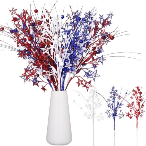 12 Pcs Artificial Patriotic Berry Stem Picks 4th of July White Blue Red Star Picks Faux Floral Berry Spray Branches Memorial Day Independence Day Home Office Vase Decoration