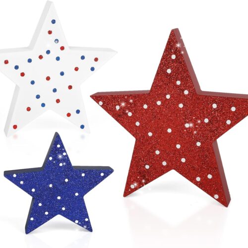 4th of July Decorations Wooden Stars, Patriotic Memorial Day Star Tiered Tray Decor Set of 3, Fourth of July Red White Blue Decoration for Home Office Table Shelf (Glitter Polka Dots)