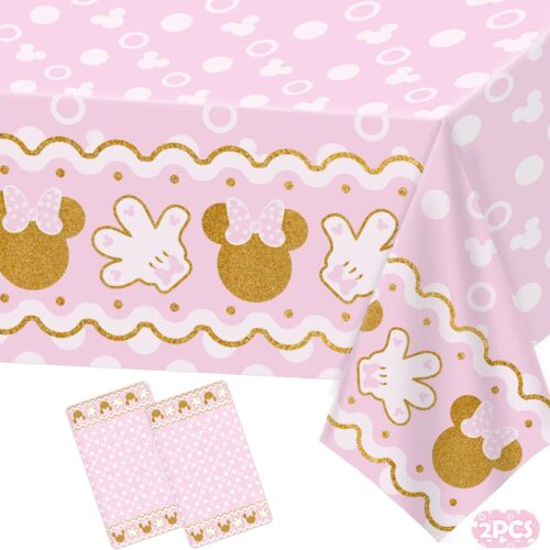 2Pcs Minnie Baby Shower Tablecloth for Girl Birthday Party Decorations Plastic Disposable Pink Table Cover for Wedding Minnie Mouse Party Decor,43x70Inch