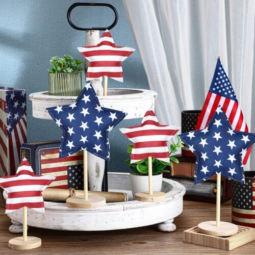 5 Set 4th of July Decoration Patriotic Fabric Star Ornaments Independence Day Wood Sign Star Wooden Stand Memorial Labor Day Tiered Tray Decor American Table Decor(Classic Style)