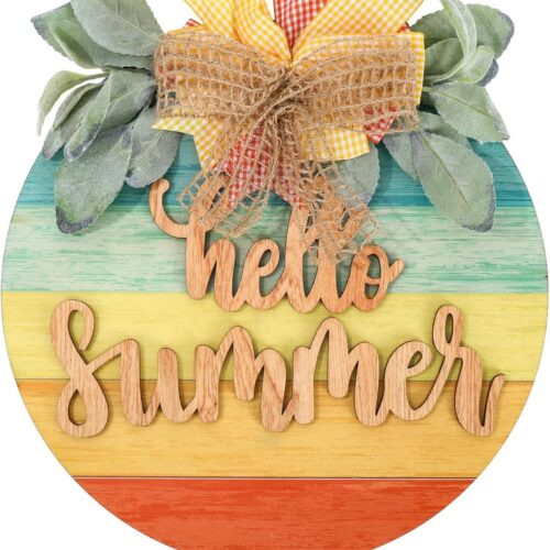 Hello Summer Wooden Hanging Sign Summer Welcome Sign Front Door with Bow Rustic Gradient Color Wood Sign Door Hanger for Holiday Farmhouse Home Office Shop Window