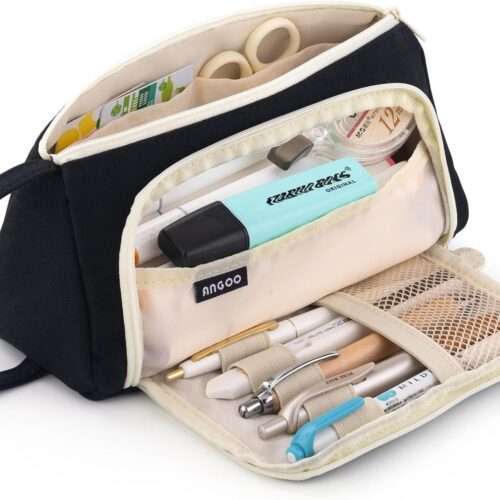 Large Capacity Pencil Case Pouch School Supplies, Aesthetic Stationery Pen Case Bag for Girls Women-Black