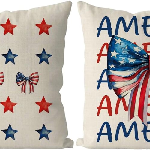 4th of July Pillow Covers 18x18 Inch Set of 2 Bow America Stars Patriotic Throw Pillowcases Independence Memorial Day Cushion Case for Home Sofa Farmhouse Decorations