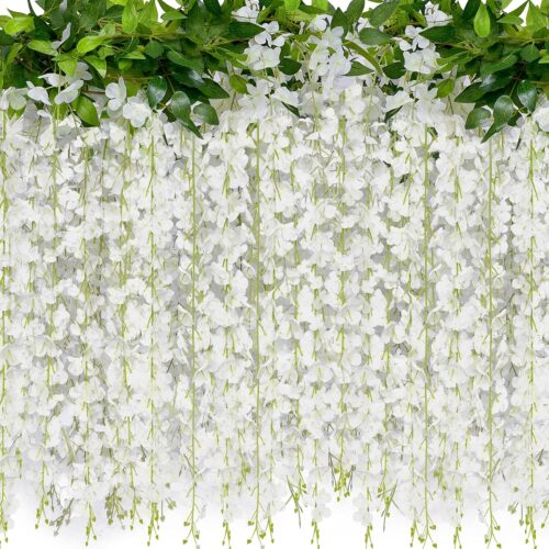 40 Branches Wisteria Hanging Flowers 6 Feet Artificial White Vine Silk Wisteria Flowers Garland for Wedding Arch Party Garden Home Decor (4 Packs)