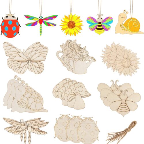 24PCS Spring Crafts for Kids, Wooden Spring Ornaments to Paint, 8 Styles Unfinished Wood Crafts for Home Hanging Decorations, Crafts for Seniors, Insect Dragonfly Butterfly Snail Mushroom Flower