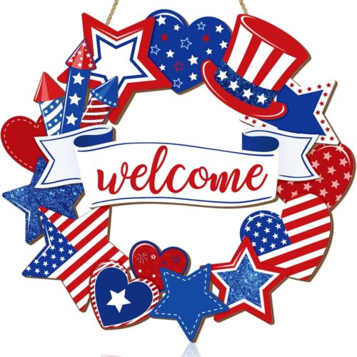 Patriotic Welcome Door Wreath Sign, 4th of July Decorations, Red White Blue Stars and Hearts Wooden Signs, American Flag USA Independence Day Wall Hanging Sign for Memorial Day Home Front Door Decor