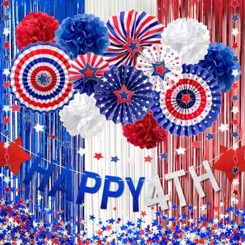 4th of July Decorations Set，Independence Day Party Supplies-Red White Blue Hanging Paper Fans，USA Flag Pennant，Red Blue Stars，Pom Poms Party Favors