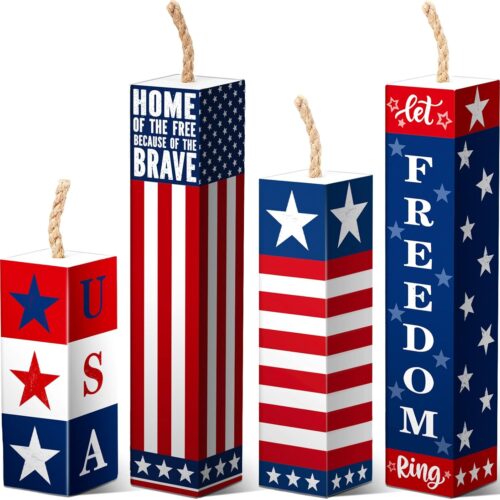 4 Pieces 4th of July Table Decorations Patriotic Fireworks Centerpiece Memorial Day Tiered Tray Decor American Firecracker Wood Signs for Farmhouse Independence Day Home Table Decor(Cute)