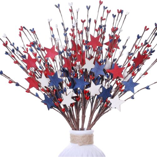 6 Pack 17 inch 4th of July Picks and Sprays Patriotic Floral Picks with Red White and Blue Berry Metal Stars Independence Day Patriotic Branches Memorial Day Flag Day for Indoor Decor