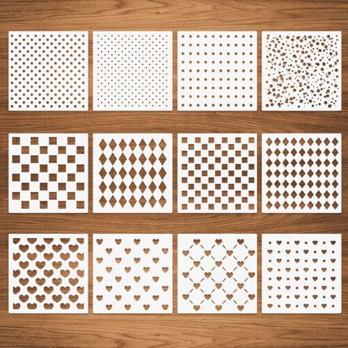 12 Pcs Mixed Media Stencils, Polka Dot Checkered Heart Stencils, Assorted Sizes Repeating Patterns for Painting on Wood Furniture Pillows Wall Scrapbook Card Making DIY Craft 6"x6"