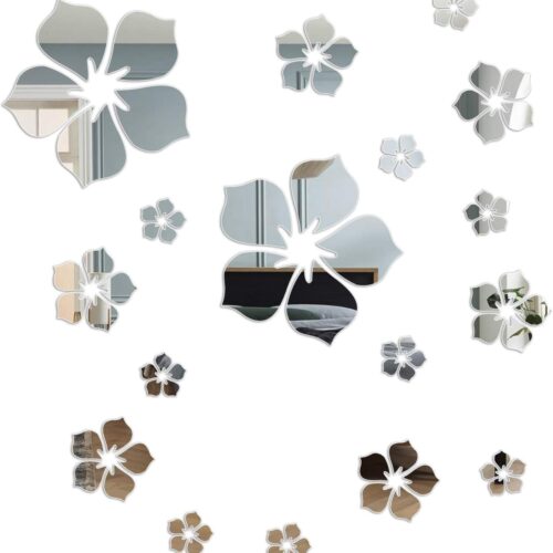 Acrylic Mirror Floral Wall Stickers Self Adhesive Mirror Wall Decor Removable Mirror Decor 3D Flower DIY Wall Sticker for Living Room Bedroom Bathroom (Silver)