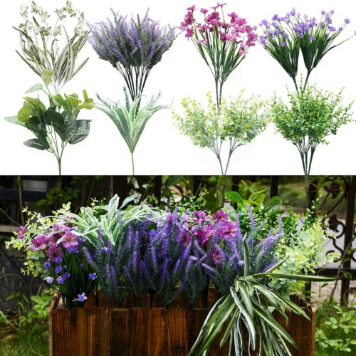19 Bunches Fake Plants Outdoor, Fake Bushes UV Resistant Artificial Lavender Flowers Greenery Shrubs Faux Greenery for Outdoor Garden Patio Front Porch Yard Decor