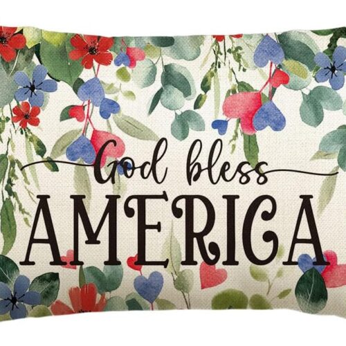 4th of July Memorial Day Patriotic Independence Day Throw Pillow Cover, 12 x 20 Inch God Bless America Flowers Decor Cushion Case for Sofa Couch