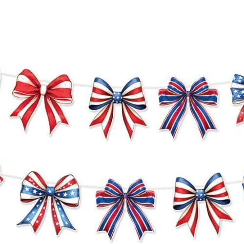 Patriotic Bows Banner Garland for 4th of July Decorations,Red White Blue Girly 4th of July Bows Banner for Patriotic,Independence Day,Memorial Day,Veteran's Day Indoor Outdoor Decorations 1SDLQ
