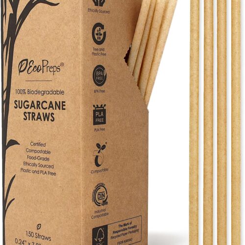 Biodegradable Sugarcane Straws | 150 Count, 100% Compostable, Plastic-Free, & Eco-Friendly Drinking Straw | 7.8'' Sugar Fiber Disposable Straws, Smoothie Straw for Home, Restaurant, Parties