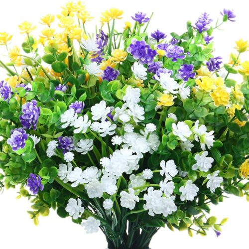 12 Bundles Artificial Flowers Outdoor, UV Resistant Faux Artificial Plants Shrubs Plastic Flower Bulk for Hanging Planter Porch Window Home Spring Summer Decor(Yellow, Purple, White)